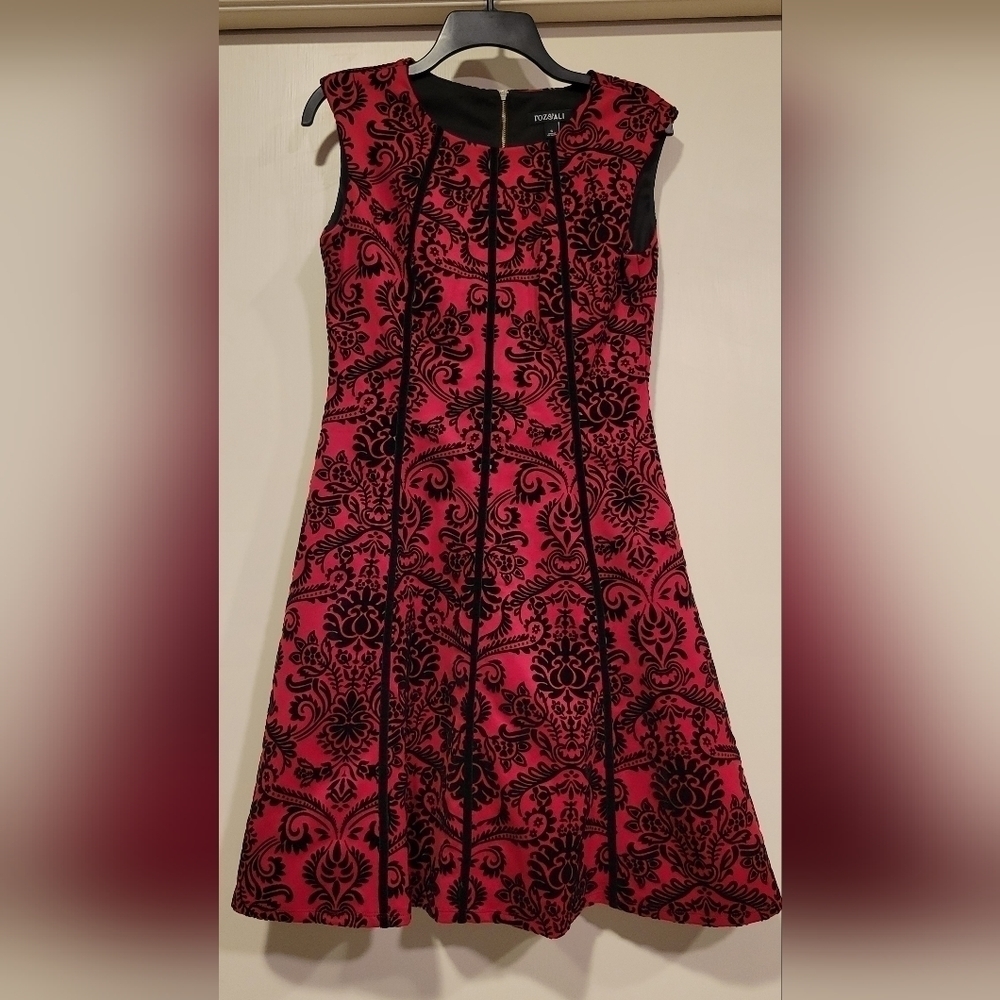 Roz & Ali red and black damask, floral, velvet pattern sleeveless midi dress